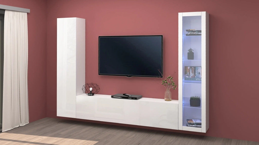 Parete attrezzata bianca mobile TV sospeso vetrina e armadio Peris WH