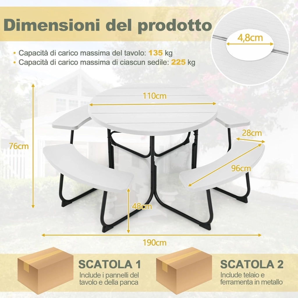 Set Tavolo da Picnic con 8 Posti, Tavolo da Picnic Rotondo con 4 Panche e Foro per Ombrellone, Tavolo da Campeggio Resistente in Metallo, per Giardino, Cortile, Patio (Bianco)