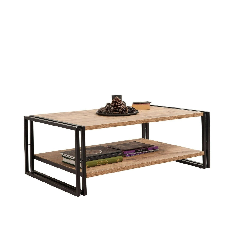 Tavolino da salotto Gioacchina, Tavolo basso da caffè, Portariviste per divano, Ripiano da soggiorno, 110x70h40 cm, Quercia e Nero