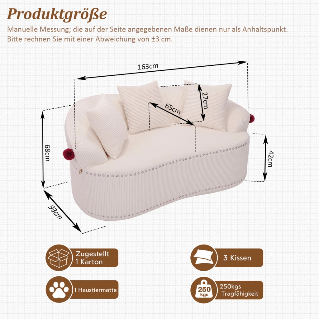 Divano 2 posti ULEVR 43x45x104 cm in velluto a coste bianco, design curvo con 3 cuscini