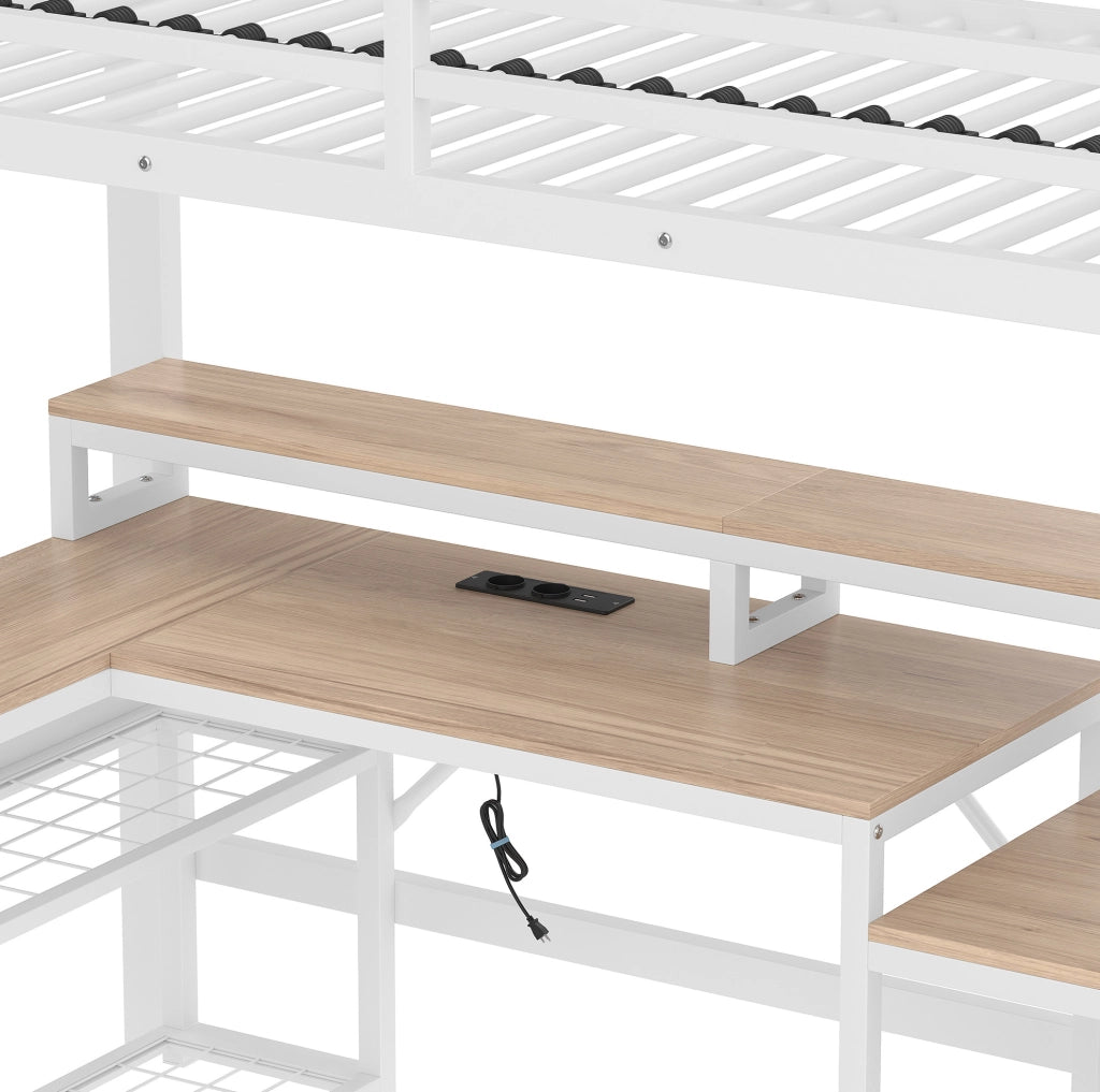 Letto a soppalco ULEVR 90x200 cm con scrivania, LED regolabile via app, USB e ripiani, bianco