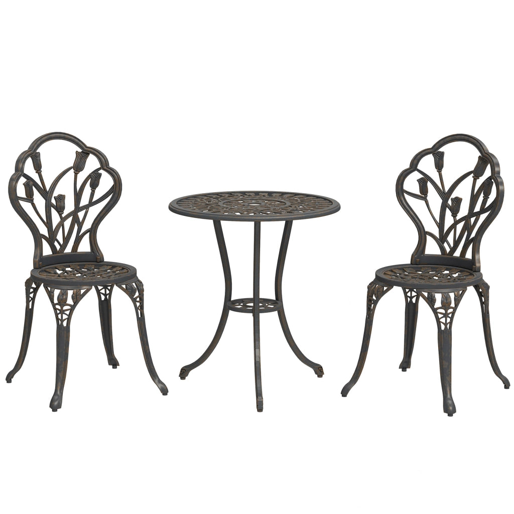 Set da Esterno 3 Pezzi con 2 Sedie da Giardino e Tavolo Rotondo con Foro per Ombrellone, Bronzo