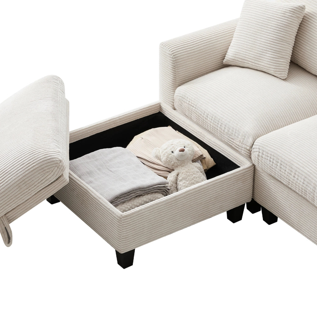 Divano angolare modulare 4 posti con console; 2 USB; portabicchieri e pouf contenitore beige