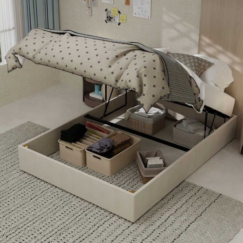 Letto imbottito 140x200 - Xylo - Beige velluto olandese telaio sollevabile