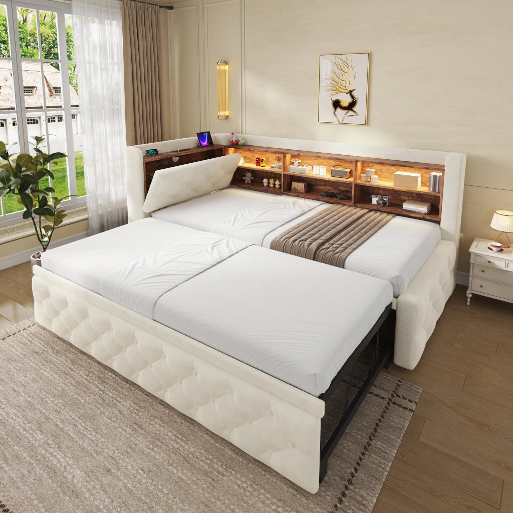 DIVANO LETTO Estraibile 90x190 cm Velluto Beige con USB e Type-C