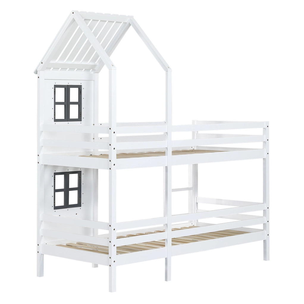 Letto a castello per bambini in pino bianco con ringhiera e finestra, 90x200 cm