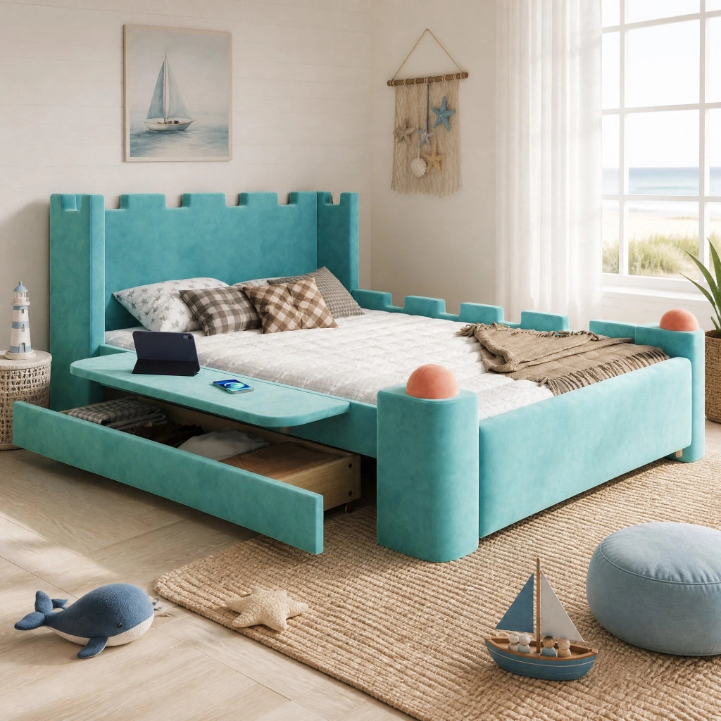 DESMIU Letto per bambini 140 × 200 cm con ripiano pieghevole, cassetto contenitore, senza materasso, velluto blu-verde