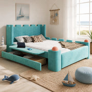 DESMIU Letto per bambini 140 × 200 cm con ripiano pieghevole, cassetto contenitore, senza materasso, velluto blu-verde