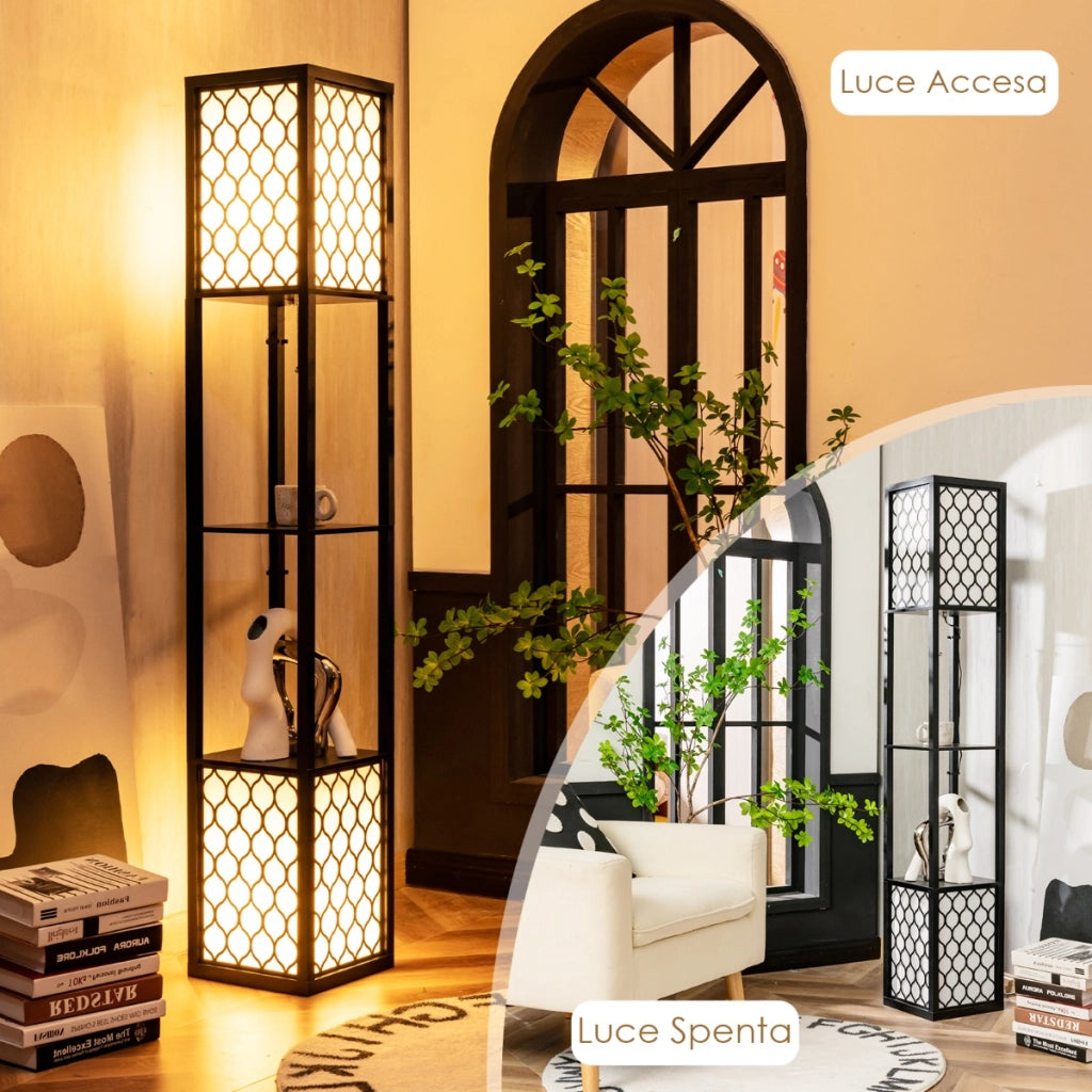 Lampada a stelo e scaffale moderno con interruttore a pedale e a catena, Doppia lampada con 2 ripiani di legno