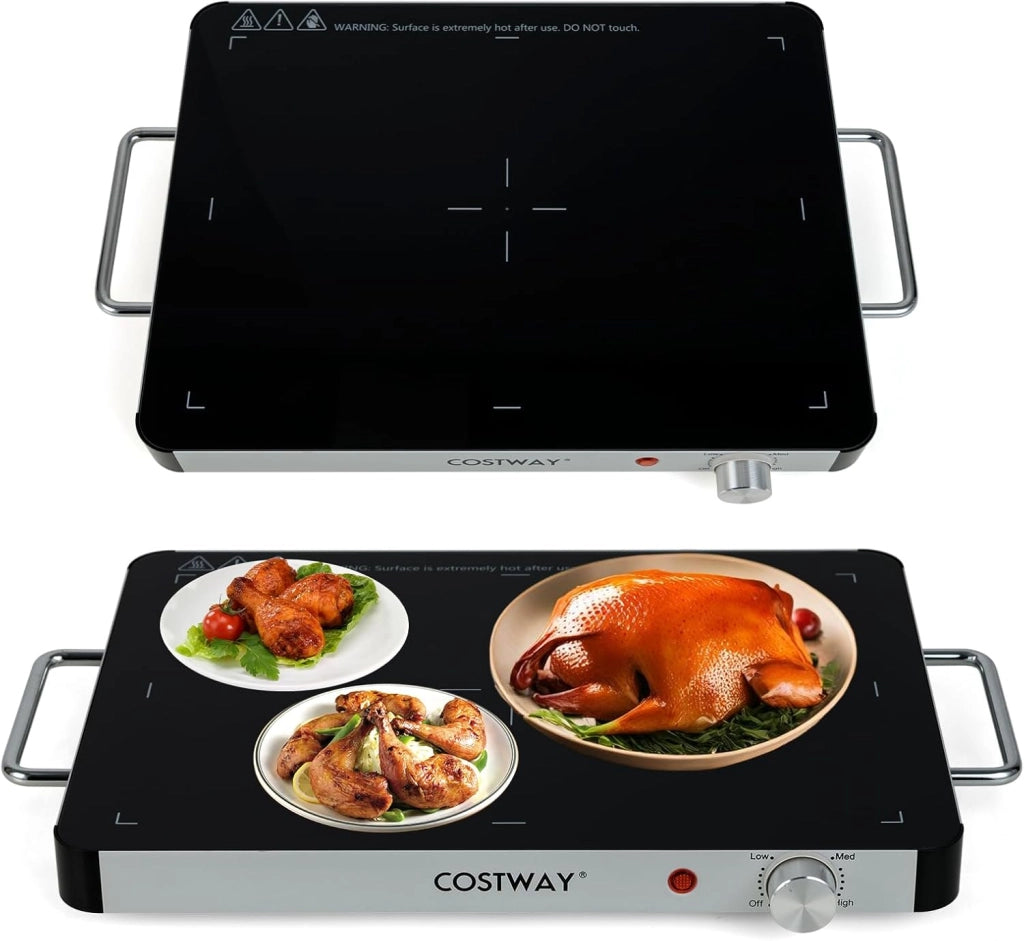 Vassoio Riscaldante Elettrico, Piatto Scaldavivande Portatile in Vetro Temperato con Temperatura Regolabile e Maniglie Antiustioni, per Feste Buffet (53 x 40 cm)