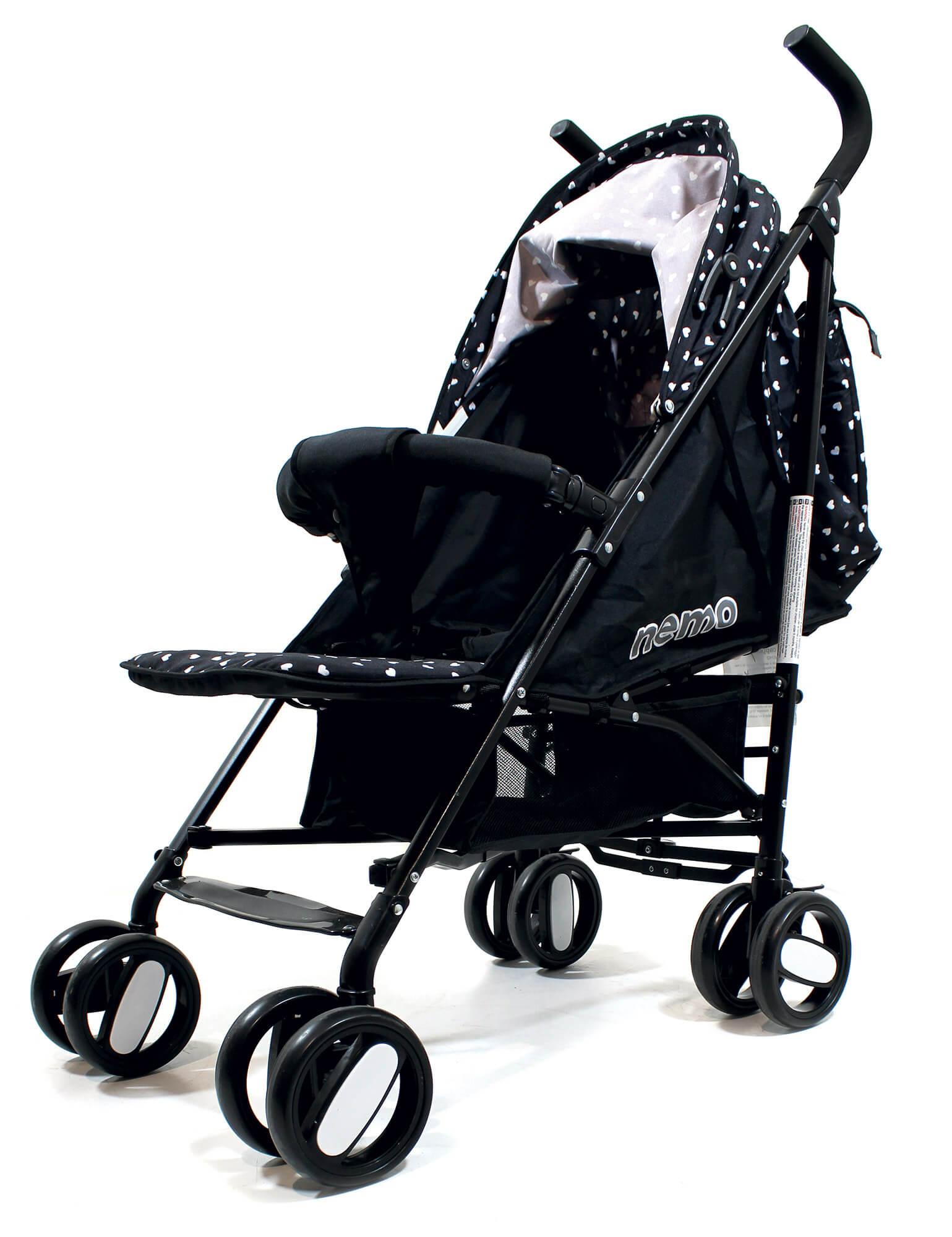 Passeggino Leggero per Bambini Pieghevole con Borsa Nemo Nero con Cuori