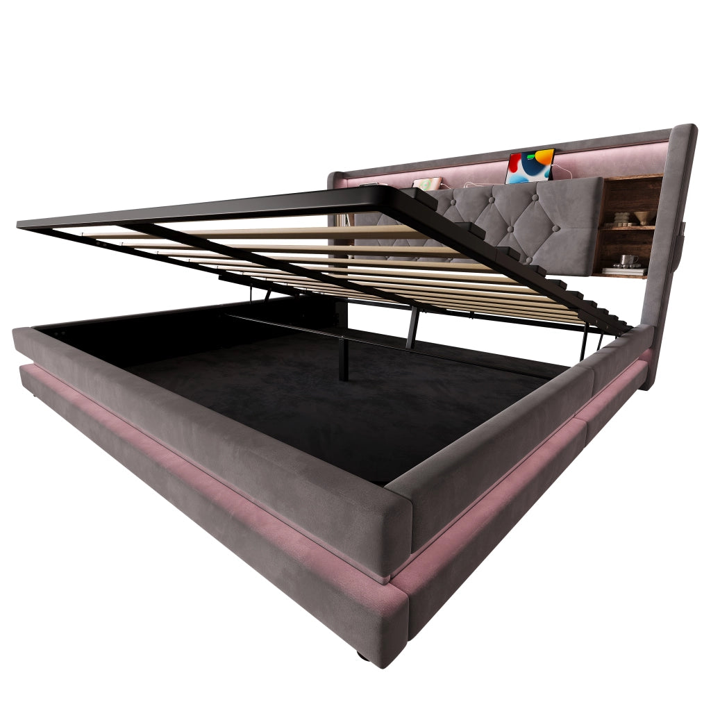Letto Contenitore Matrimoniale 160x200 cm; LED; USB e Type-C; in Velluto Grigio Scuro