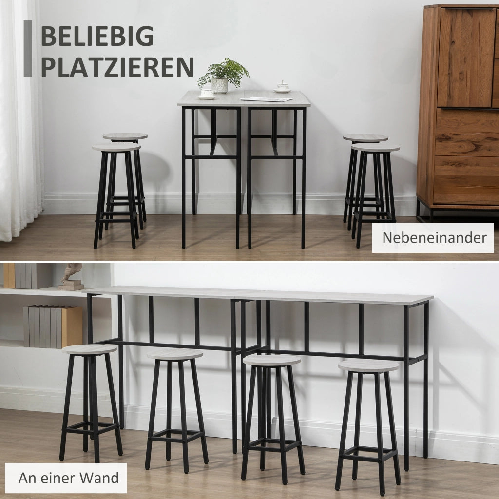 Set da pranzo, composto da 6 pezzi con 2 tavolini da bar e 4 sgabelli da bar, dal design industriale, in truciolato e acciaio, grigio e nero.