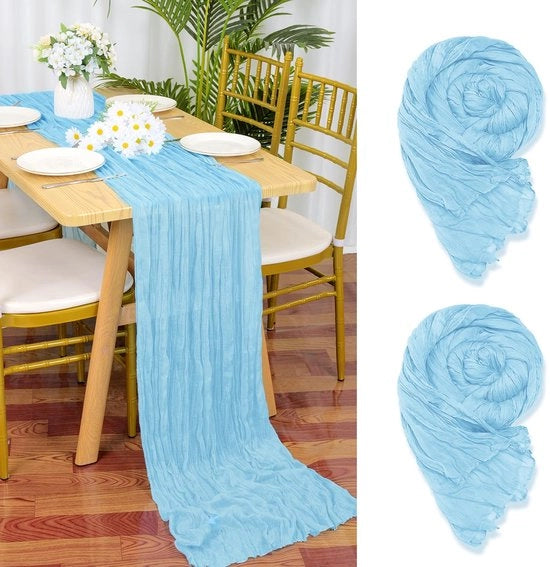 Set di 2 tovaglioli per tavola in cotone, blu baby, 90 x 300 cm, blu chiaro, tessuto in cotone rustico, tovagliolo per tavola boho, tovagliolo per tavola in cotone, tenda per la doccia della sposa, decorazione per tavola