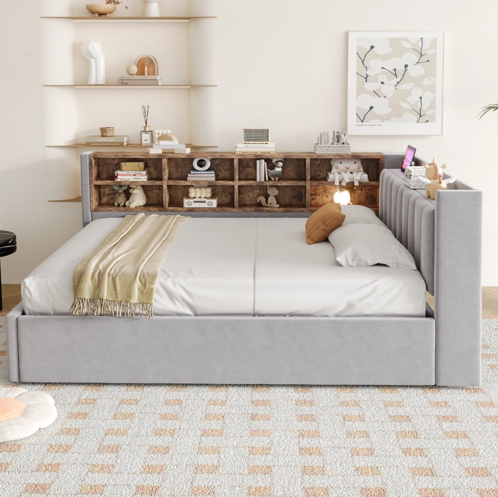 Letto imbottito multifunzione 140x200 cm in velluto grigio chiaro con contenitore; luce notturna; USB e Type-C