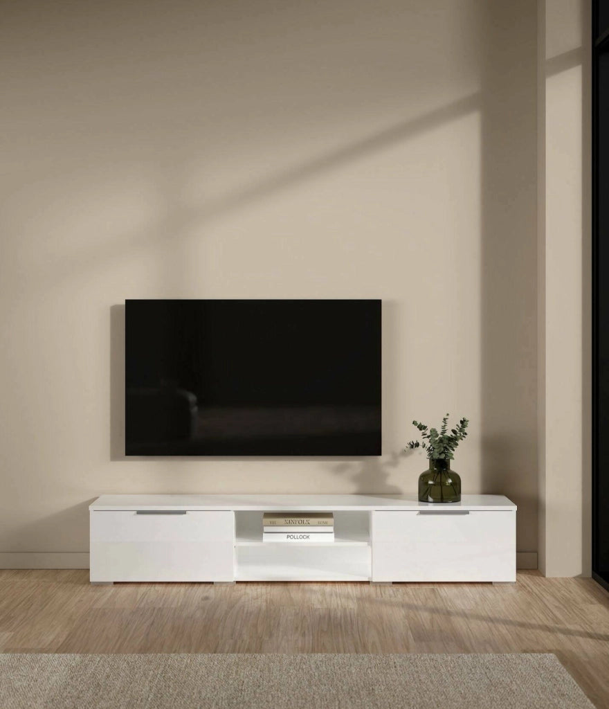 Mobile porta TV a due Ammiro, colore bianco lucido, cm 172 x 33 x 39
