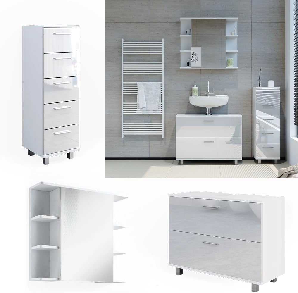 Set di mobili da bagno Ilias, Bianco lucido, 80 cm, composto da mobile sottolavabo, specchiera e mobile medio