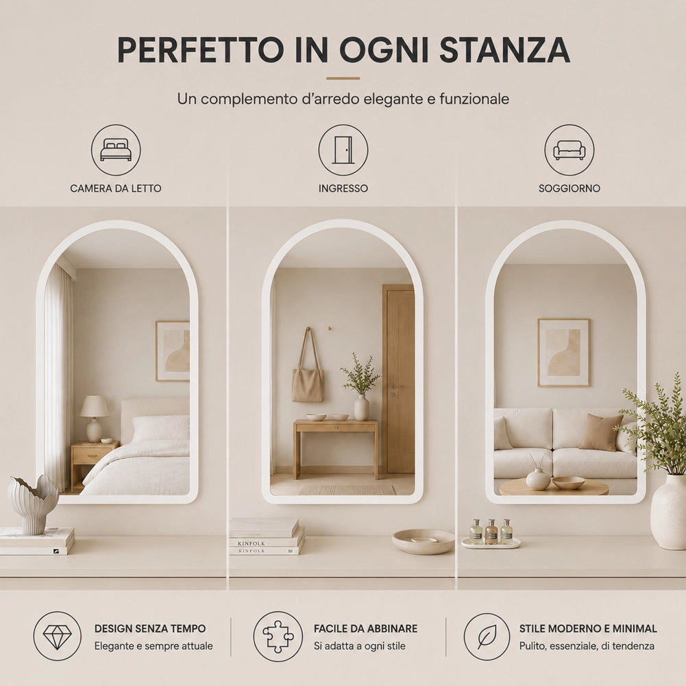 Specchio ad Arco Struttura in Legno Bianco Decorazione Design Moderno 46x60cm