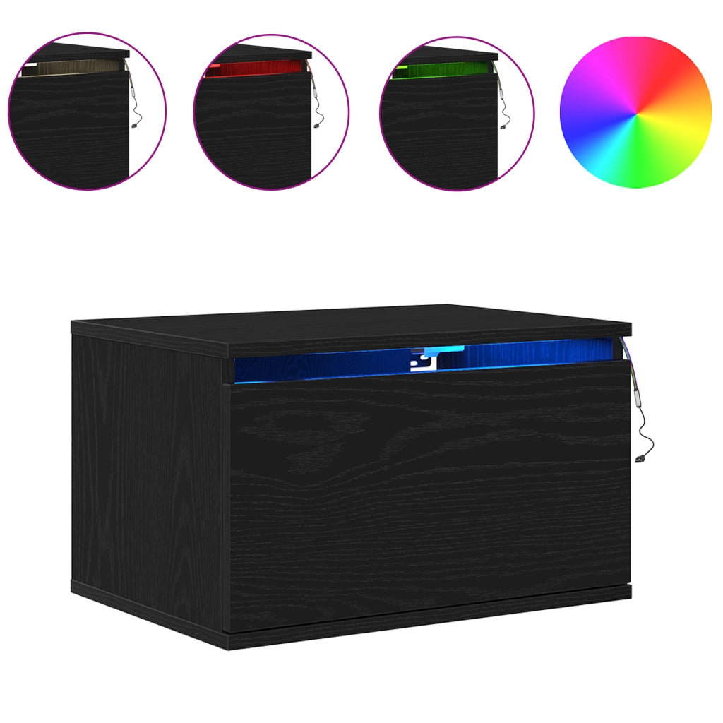Cabinette da notte  con luci LED 2 pz da parete in rovere nero