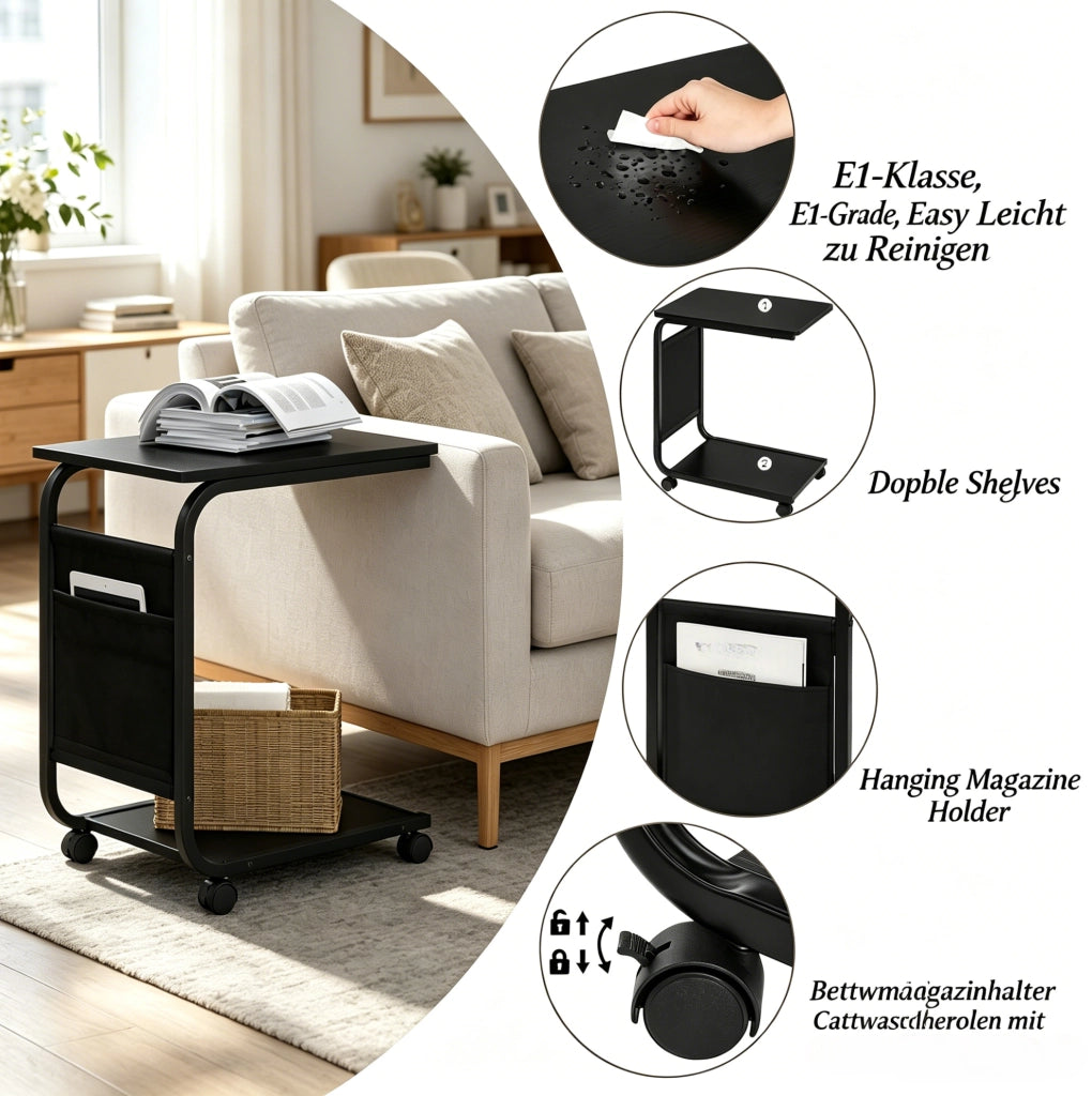 Tavolino a C 50x35x62 cm in legno e metallo nero con ruote e vano contenitore