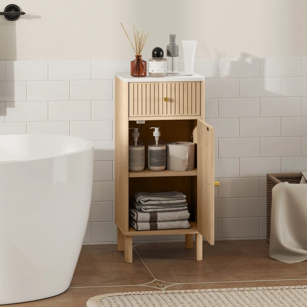 Mobiletto Bagno con Piano Effetto Marmo e Anta Scanalata ¨C Zephmum ¨C 36x30x80 cm Quercia