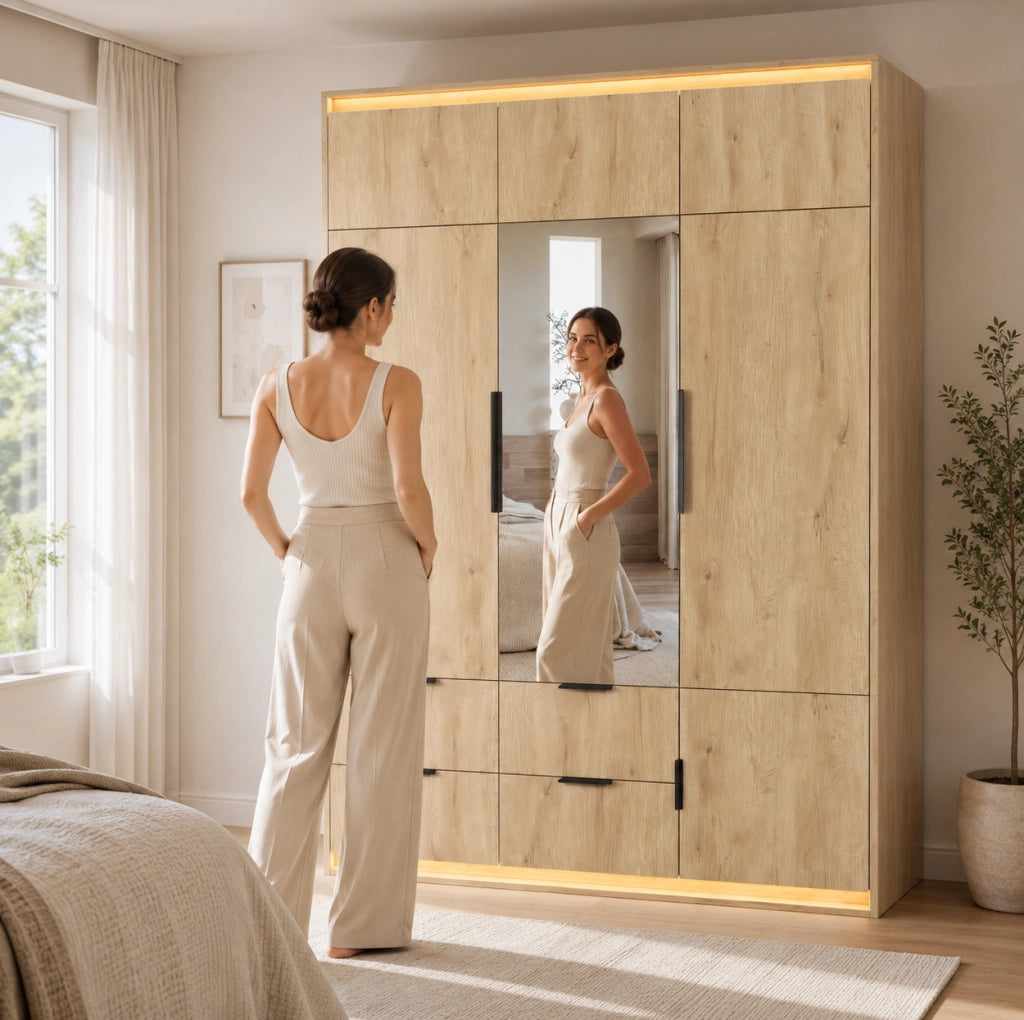 Armadio a 3 ante con specchio; LED; 4 cassetti e 135 x 47 x 200 cm in MDF