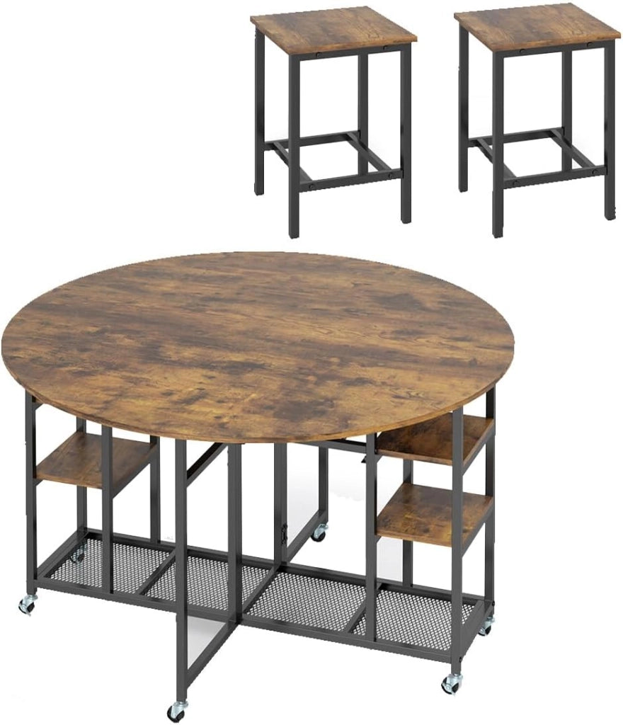 Set da pranzo, tavolo da pranzo pieghevole con 2 sgabelli, tavolo da cucina con ruote e portabottiglie e ripiani aperti, set per sala da pranzo, in metallo e legno, set da cucina, stile