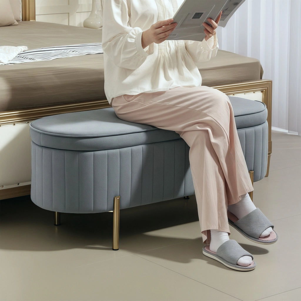 Panca Contenitore Ovale 108x44x43,5 cm con Coperchio Sollevabile in Tessuto Vellutato Grigio