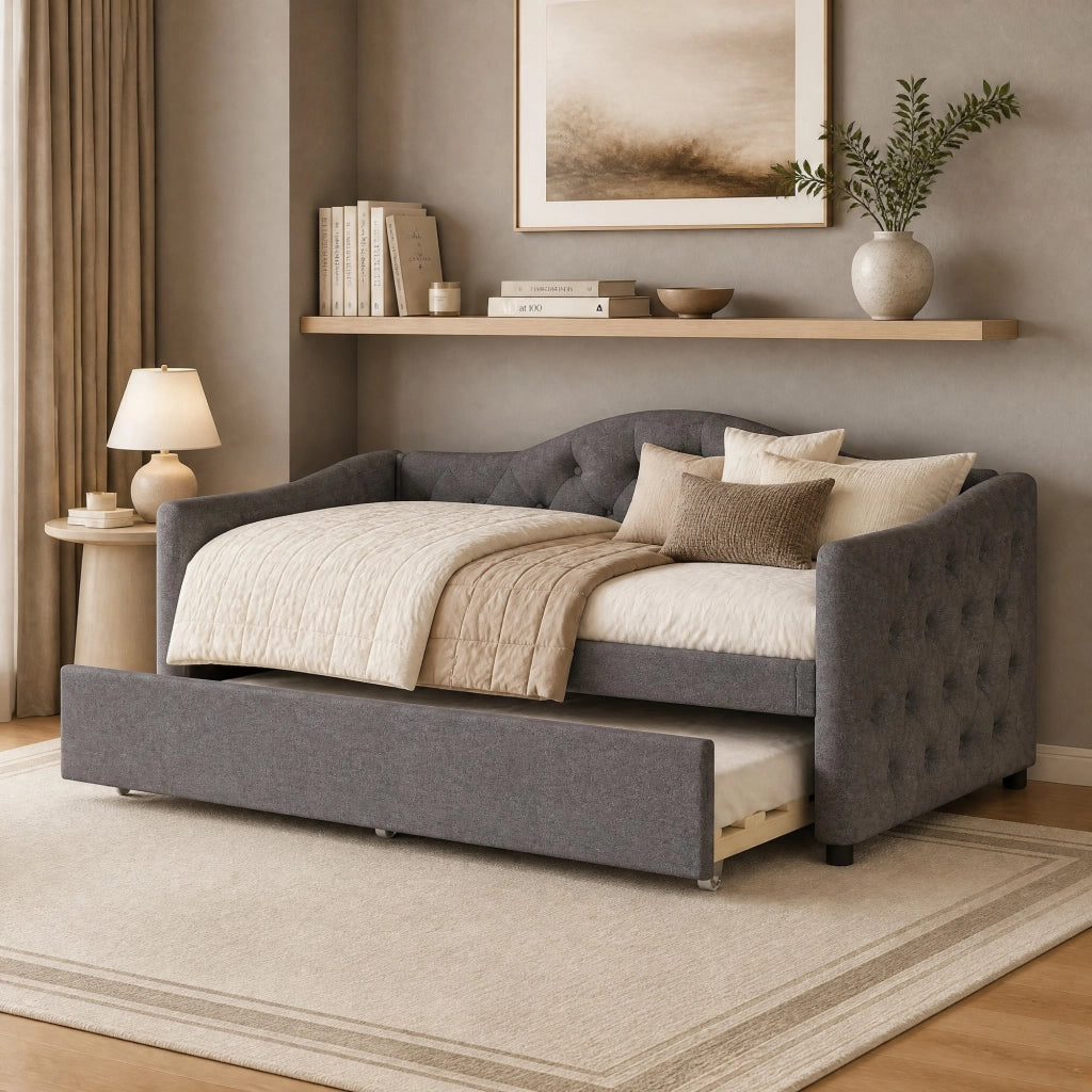 LETTO estraibile 90x200 cm in lino grigio, senza materasso