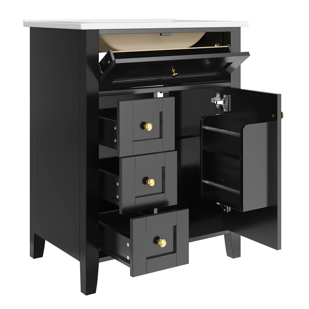 Mobile bagno a terra 61 cm nero lucido con lavabo in ceramica e cassetti