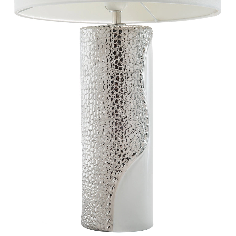 Lampada da tavolo Lampada da comodino con paralume a tamburo in finta seta con base a colonna in ceramica bianca