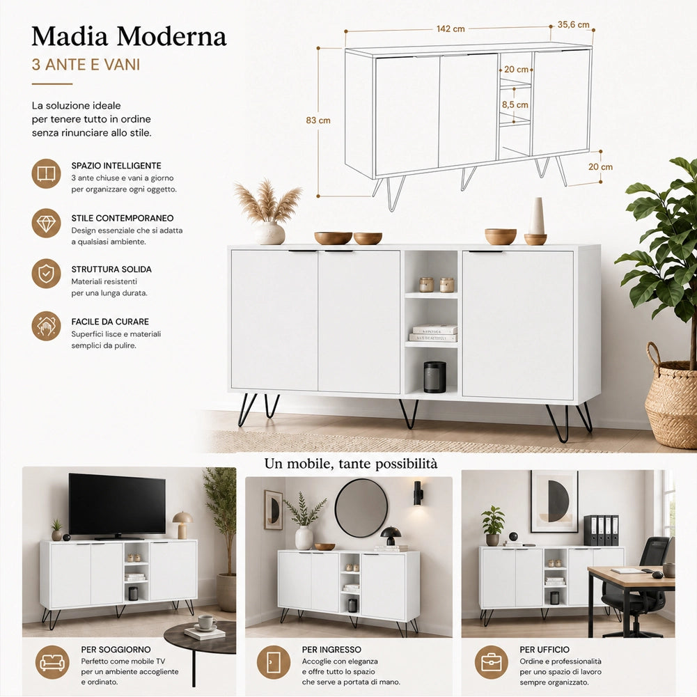 Madia Moderna Credenza con 3 Ante e Vani a Giorno 142x83 cm Zaffiro di Bianco