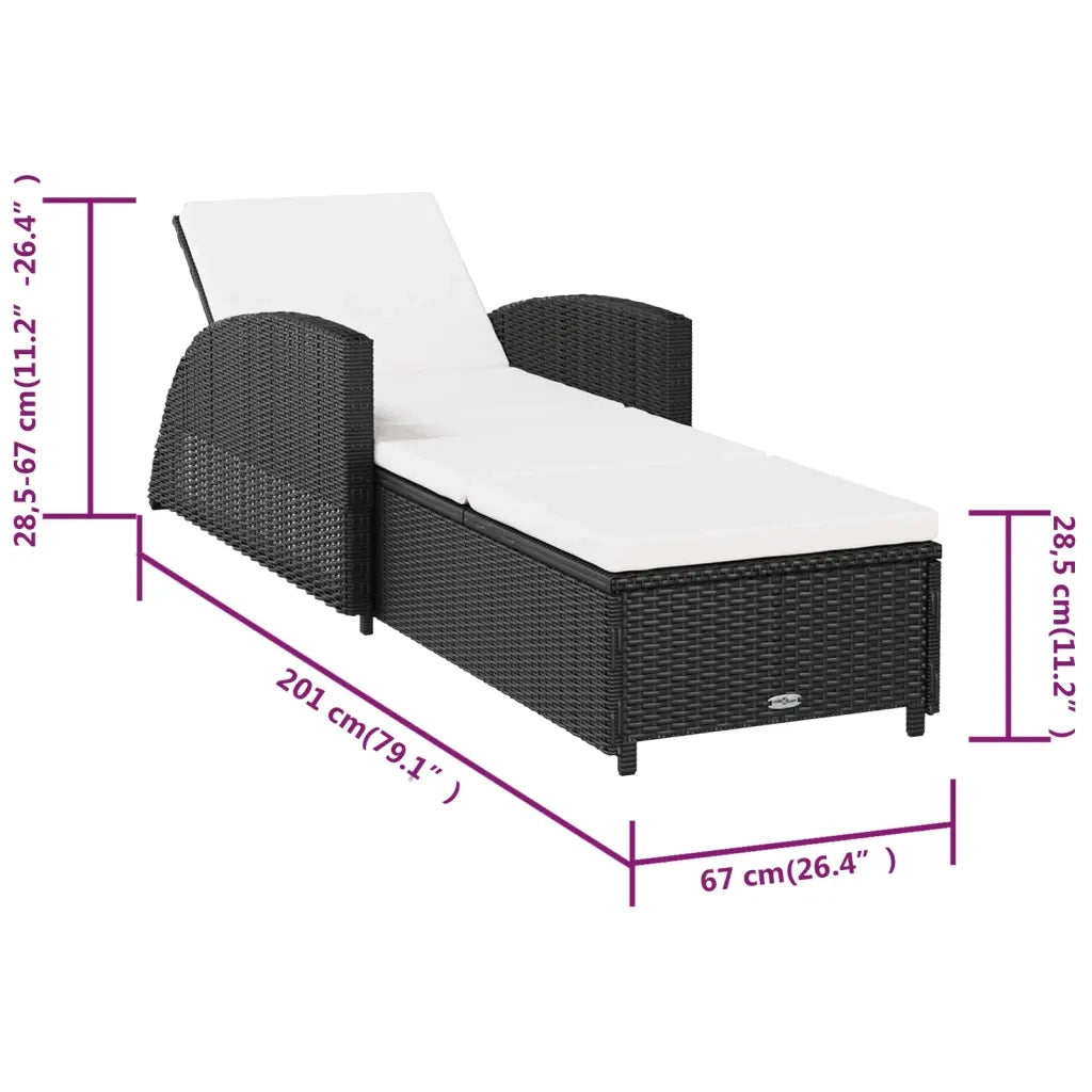 Lettino Prendisole | Sdraio da giardino | Lettino da sole con Cuscino Bianco Crema in Polyrattan Nero