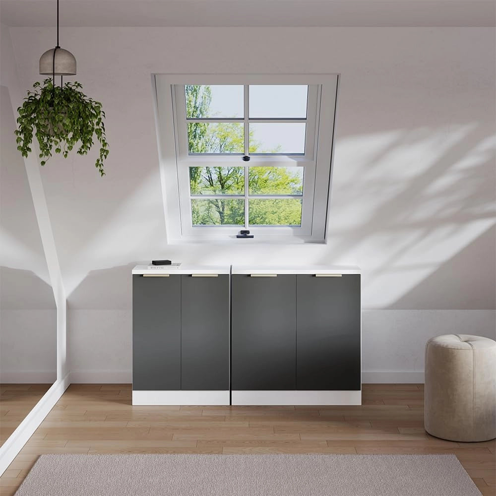 Set di mobili sottotetto Rion, Antracite-oro, 140 cm Set di 2 carcasse armadio profondità 60 cm, adatto per il salvaspazio sotto tetti spioventi