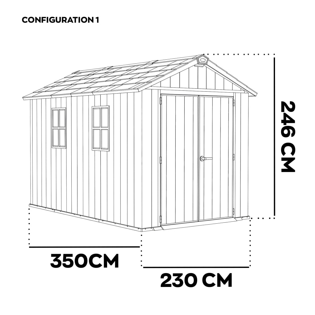 Newton + 7511/1175 - Casetta da Giardino 350x246x230 cm 2 Ante per deposito attrezzi finitura effetto legno Evotech+ in Resina Grigio e Nero