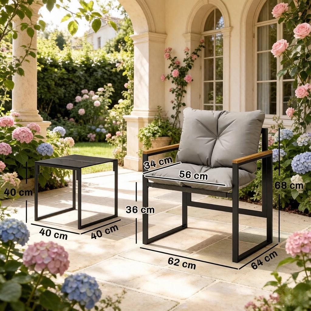 SET GIARDINO 3 PEZZI 64x62x68 cm Nero Grigio Metallo e Textilene