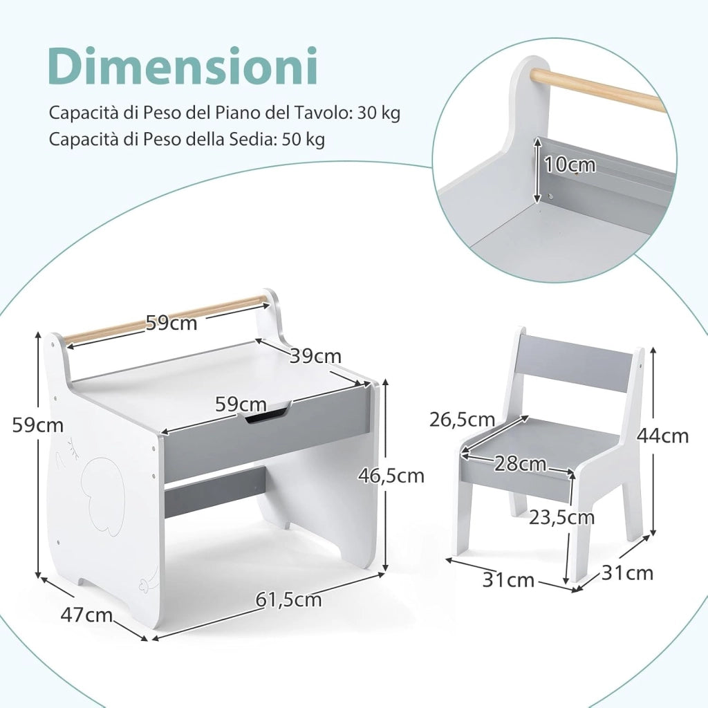 Set Tavolo e Sedia per Bambini 2 in 1, Set con Scrivania e Sedia in Legno per Bambini con Piano Rimovibile, Spazio di Archiviazione e Porta Rotolo di Carta per Aula e Cameretta (Grigio+Bianco)