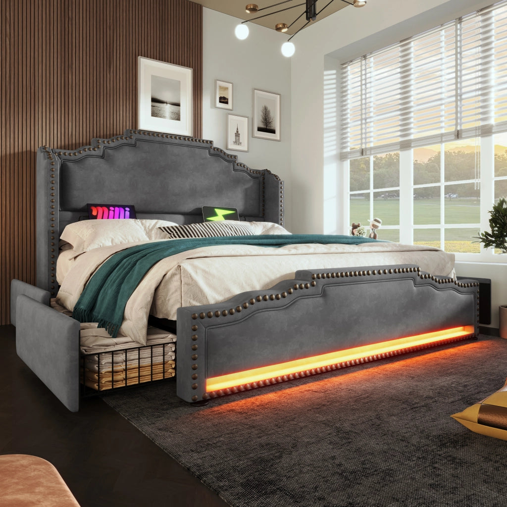 LETTO Contenitore 140x200 cm Velluto Grigio con materasso incluso