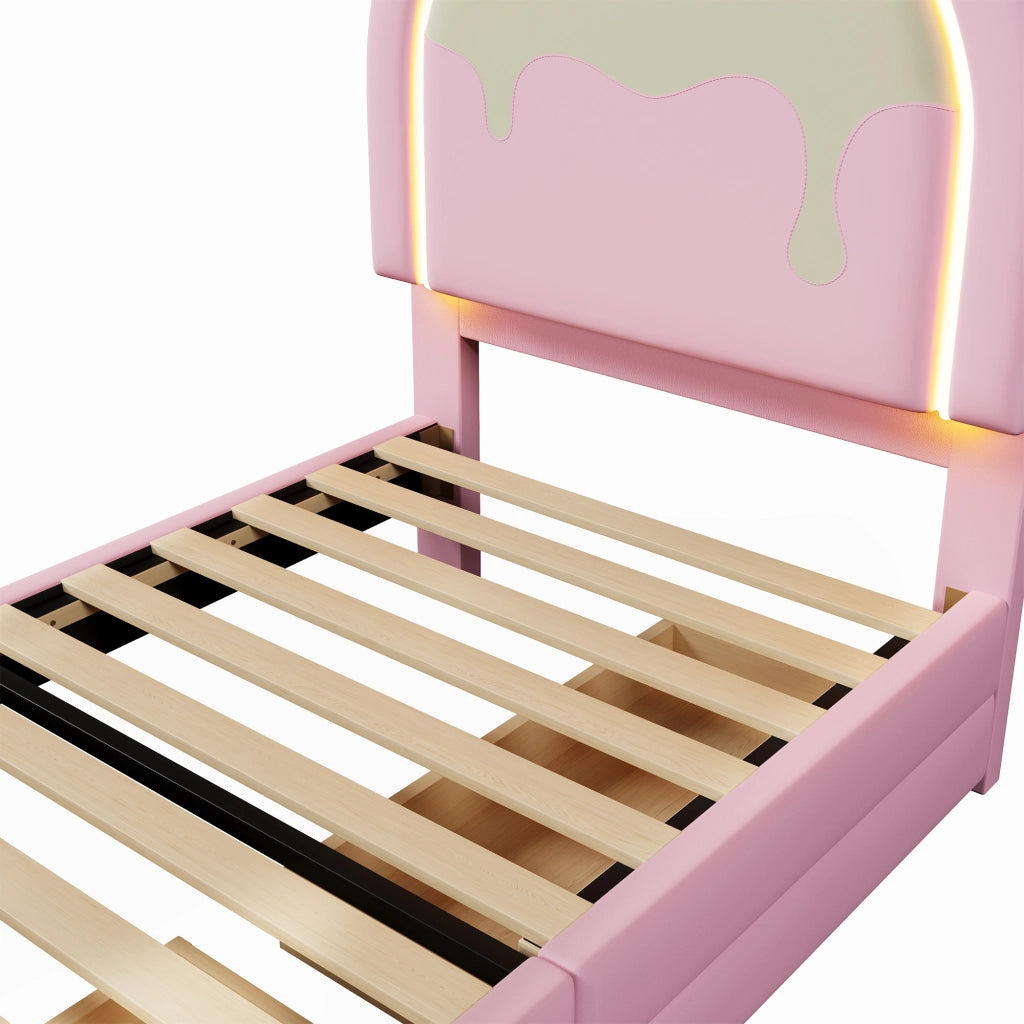 LETTO 90x200 cm in PU Rosa con 2 cassetti e barra luminosa multicolore