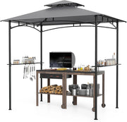 Gazebo per Barbecue 242 x 150 x 250 cm, Bazebo da Giardino per Griglia a Doppio Tetto con 2 Ripiani Laterali e 6 Ganci, Gazebo per BBQ da Giardino, Patio e Terazza, Grigio
