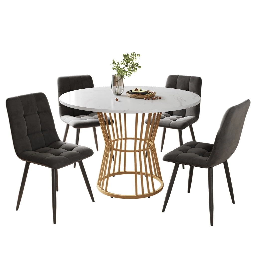 Set Tavolo Rotondo e 4 Sedie da Pranzo ¨C Xylo ¨C Piano Bianco MDF, Gambe Metallo Oro, Velluto Grigio Scuro