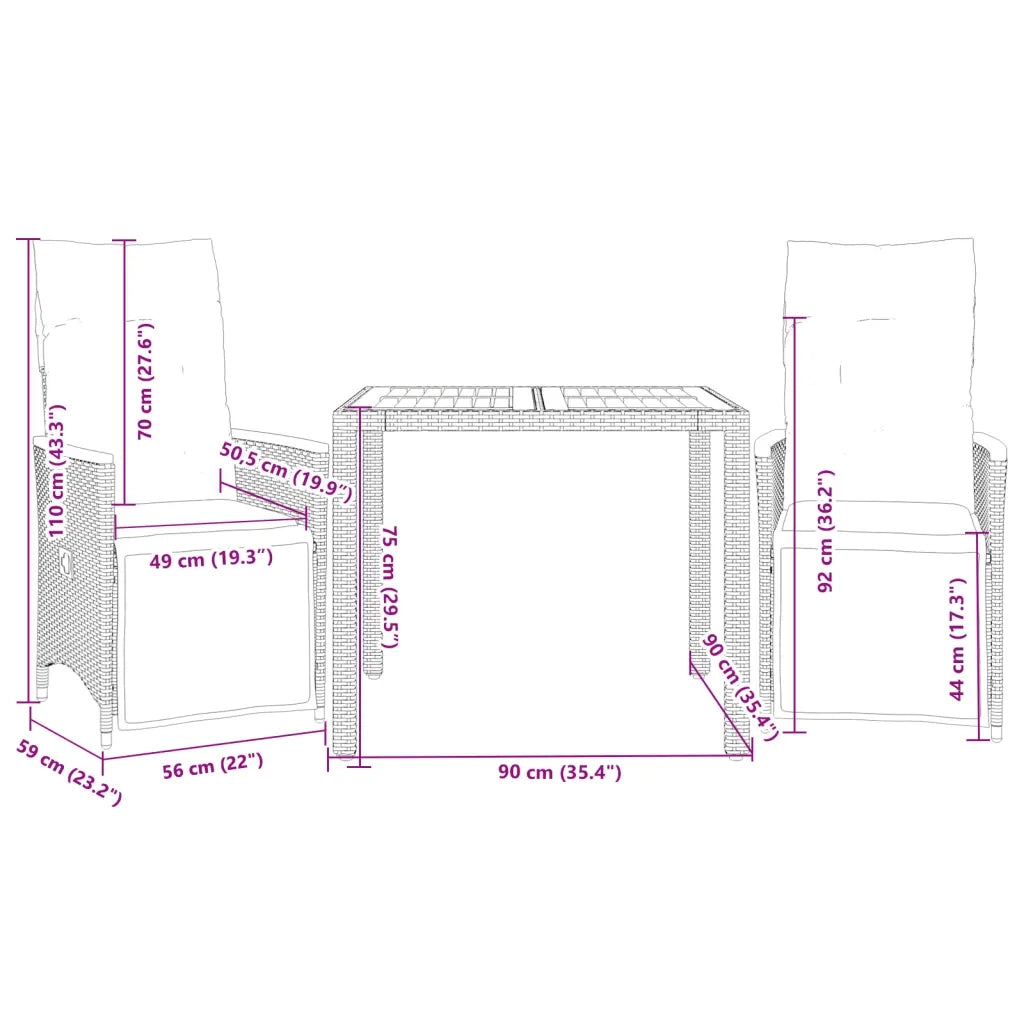 Set Bistr¨° da Giardino 3 pz | Set Salotto da Giardino con Cuscini in Polyrattan Grigio