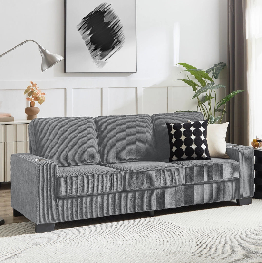 Divano 3 posti in tessuto corduroy grigio con portabicchieri; 206 x 72 x 86 cm