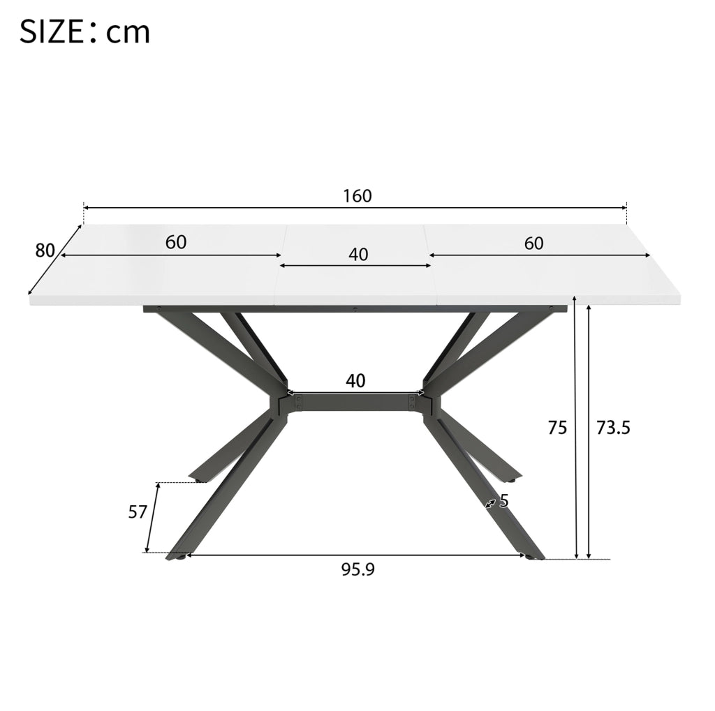 Tavolo da pranzo allungabile 120/160x80 cm; MDF bianco; gambe in metallo nero