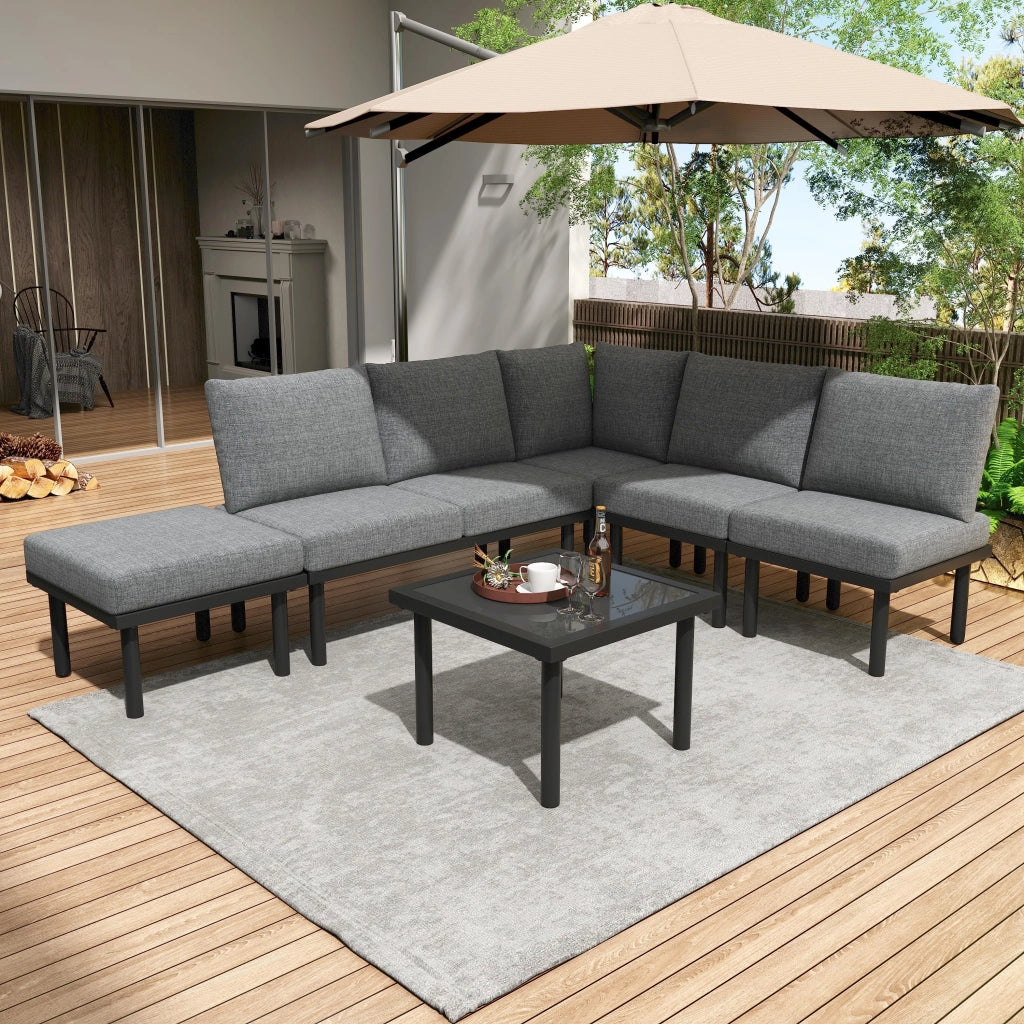 OKWISH Set da 6 Pezzi da Giardino con Sedute e Tavolino, Cuscini Inclusi, Piedini Regolabili, Olefina Grigia