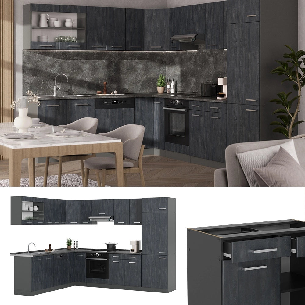 Cucina angolare completa R-Line Calce nera/Antracite 287 x 227 cm PL Rovere Vicco