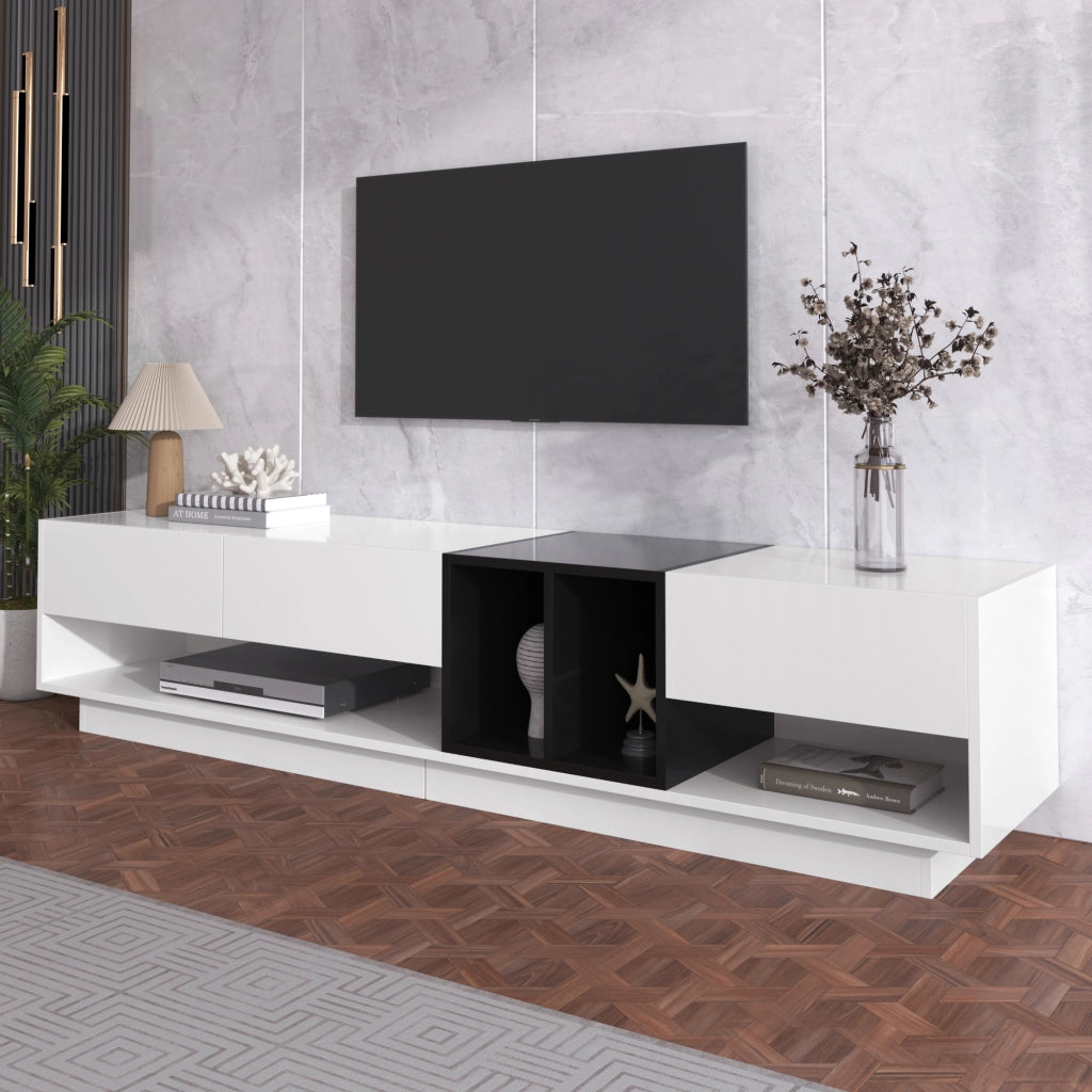 Mobile TV con 3 Cassetti e 2 Vani Aperti; Finitura Lucida; Stile Moderno; 190??40??42 cm; in Pannello Truciolare; Bianco