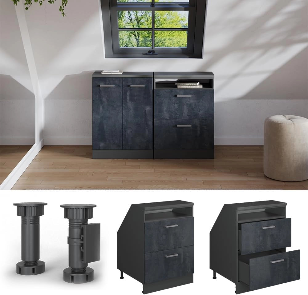 Mobile sottotetto Rion, Calcestruzzo nero, 60 x 81.6 cm con 2 cassetti, carcassa 60 cm profondità, adatto per il salvaspazio sotto tetti spioventi