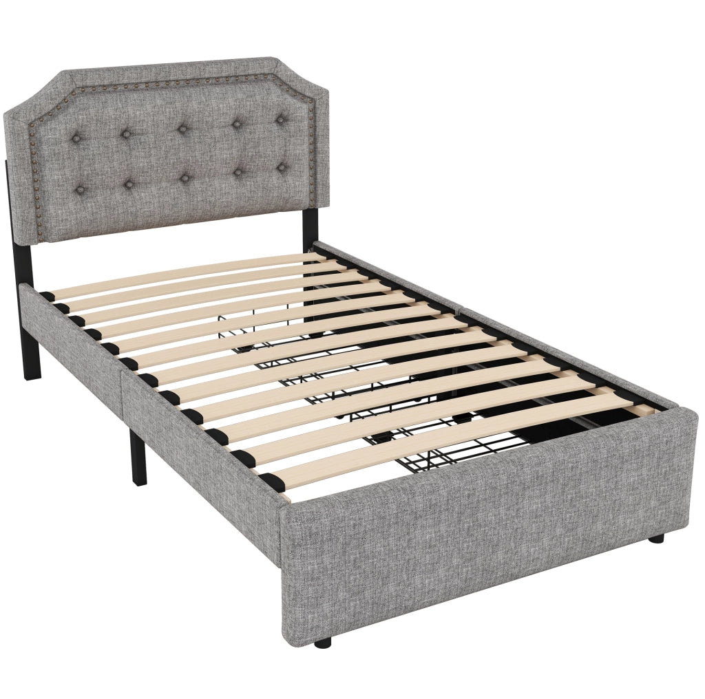 Letto imbottito 90x200 cm in tessuto grigio con testiera regolabile e 2 cassetti