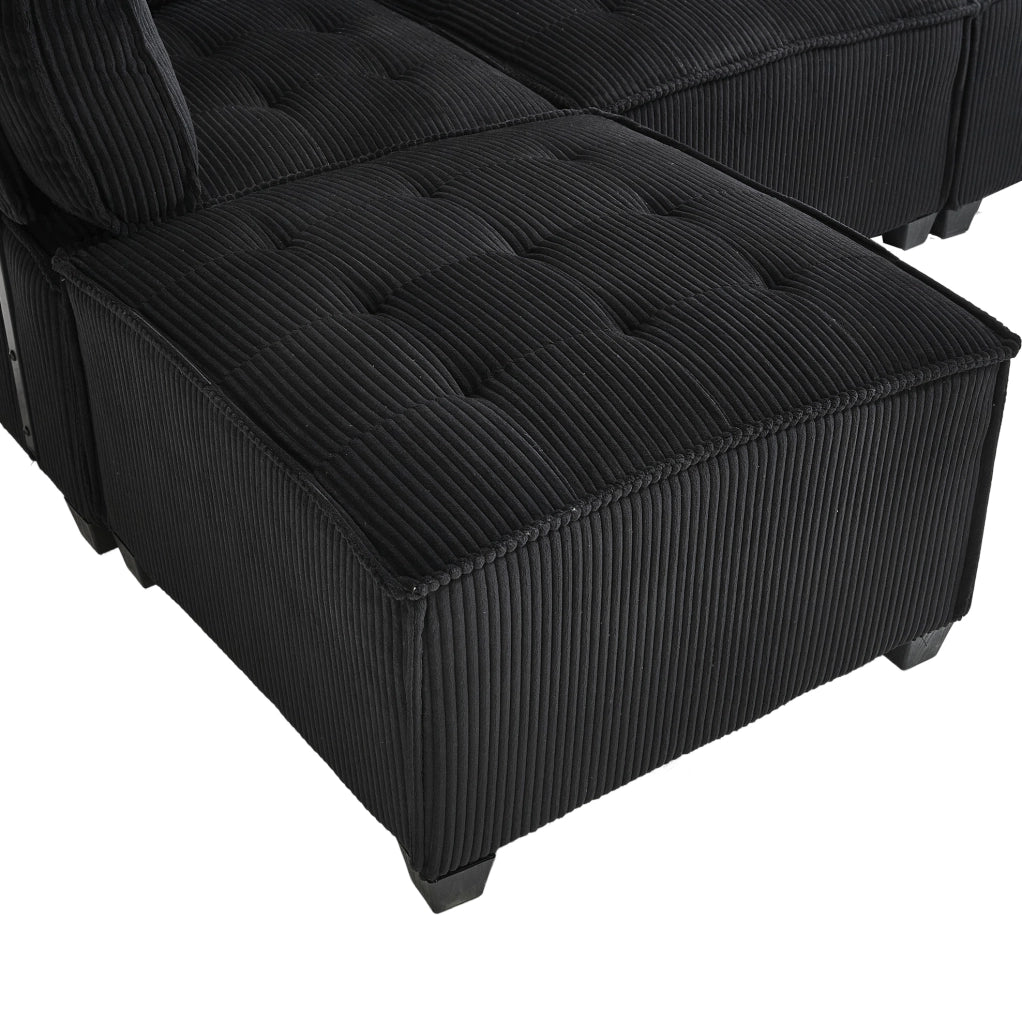 Divano modulare 6 posti 308 cm; velluto a coste nero; configurazione U/L e funzione letto